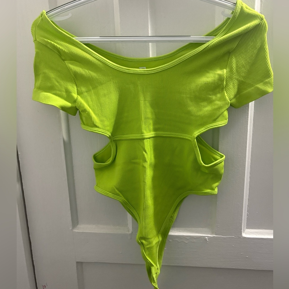 S neon green bodysuit with cut out sides.
